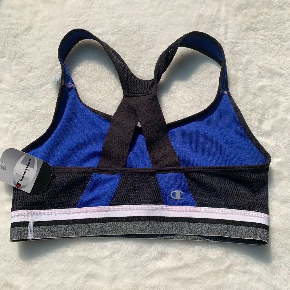 Champion Performance Moderate Sports Bra Size L Flight Blue Black Mesh Racerback - Picture 5 of 9